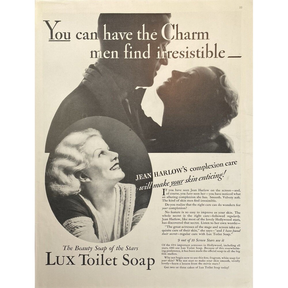 LUX Toilet Soap "Jean Harlow: Will Make Your Skin Enticing!" Vtg Print Ad 1933